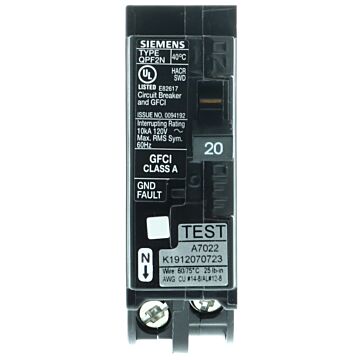 Siemens QF120AN Circuit Breaker, GFCI, Low Voltage, 20 A, 1 -Pole, 120 V, Plug Mounting