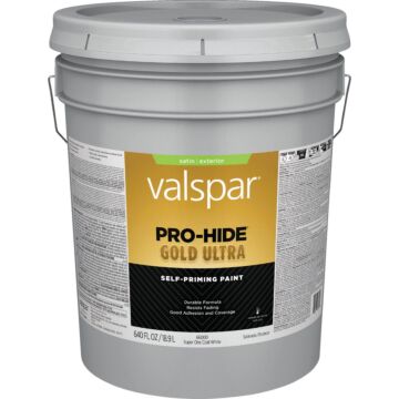 Valspar Pro-Hide Gold Ultra Latex Satin Exterior House Paint, Super One-Coat White, 5 Gal.