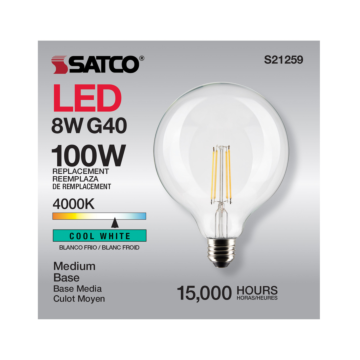 Satco 8 Watt G40 LED Filament - Clear - Medium base - 90 CRI - 4000K - 120 Volt