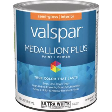  Valspar Medallion Plus Premium Paint & Primer Semi-Gloss Interior Paint, Ultra White, 1 Qt.