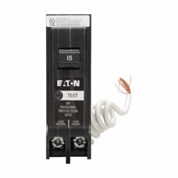 Eaton BR GFCI circuit breaker, Plug-in ground fault circuit breaker, 15 A, 10 kAIC, Single-pole, 120/240 V, BRN, Trip-to-center, Plug-on, #14-8 AWG, Ground fault circuit interrupter, GFI