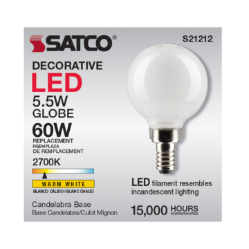 Satco 5.5 Watt G16.5 LED Filament - White - Candelabra base - 90 CRI - 2700K - 120 Volt