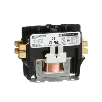 Square D Contactor, Definite Purpose, 30A, 2 pole, 208/240VAC coil at 60Hz, 220VAC 50Hz coil, open