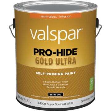 Valspar Pro-Hide Gold Ultra Zero VOC Latex Semi-Gloss Interior Wall Paint, Super One-Coat White, 1 Gal.