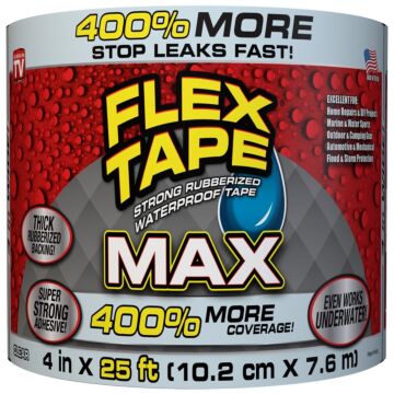 Flex Tape TFSMAXCLR04 Tape, 25 ft L, 4 in W, Rubber Backing, Clear