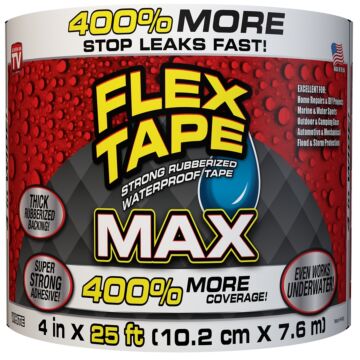 Flex Tape TFSMAXWHT04 Tape, 25 ft L, 4 in W, Rubber Backing, White