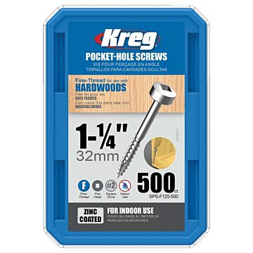 Kreg SPS-F125 - 500 Pocket-Hole Screw, #6 Thread, 1-1/4 in L, Fine Thread, Pan Head, Square Drive, Self-Tapping Point