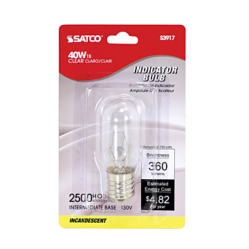 40 Watt T8 Incandescent; Clear; 2000 Average rated hours; 360 Lumens; Intermediate base; 130 Volt; Carded