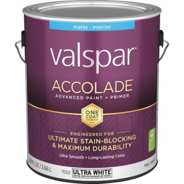 Valspar Accolade Super Premium 100% Acrylic Paint & Primer Matte Interior Wall Paint, Ultra White Base, 1 Gal.
