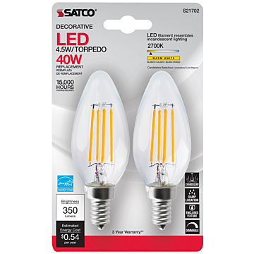 Satco 40W Equivalent Warm White B11 Candelabra Traditional LED Decorative Light Bulb (2-Pack)