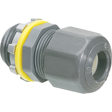 Low-profile non-metallic, liquid-tight, oil-tight, and strain relief cord connector furnished with a sealing ring and locknut. Supports .100 to .300 cord range. Includes assembled LPCG50 UF grommet 14/2 to 12/2 and cord grommet .100 to .300.