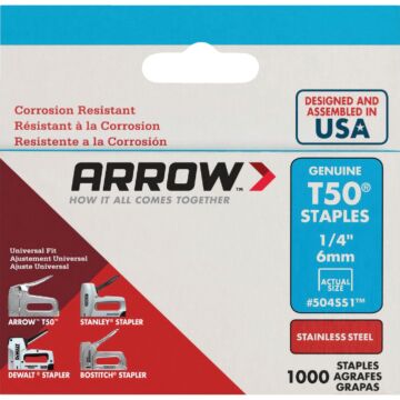 Arrow Fastener Arrow T50 Heavy-Duty Stainless Steel Staple, 1/4 In. (1000-Pack)