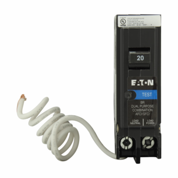 Eaton BR arc fault / ground fault circuit breaker, BR dual function AF/GF 1P 20A, Pigtail neutral