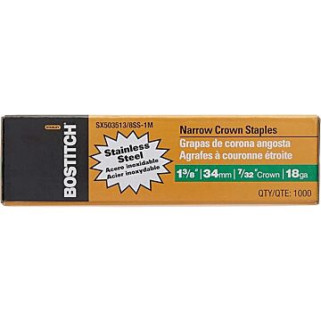 Bostitch Sx503513/8Ss-1M 1-3/8"Leg 18-Gauge 7/32" Narrow Crown Stainless Steel Staples(1000)