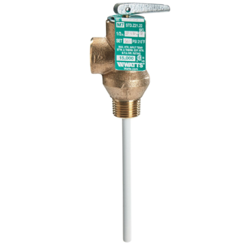 WATTS 1/2 IN Lead Free Self Closing T and P Relief Valve, 150 psi, 210 degree F, Test Lever, 4 IN Extension Thermostat