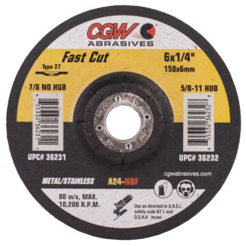 CGW A24-R-BF TR Type 27 6 in 1/4 in General Purpose Grinding Wheel