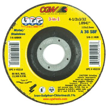 CGW A36S Type 27 4-1/2 in 0.094 Depressed Center High Performance 3-in-1 Cut-Off Wheel
