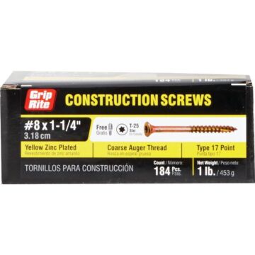 Grip-Rite #8 x 1-1/4" T-25 Star Drive, Construction Screw, Yellow Zinc (Bulk Box 1 lb.)