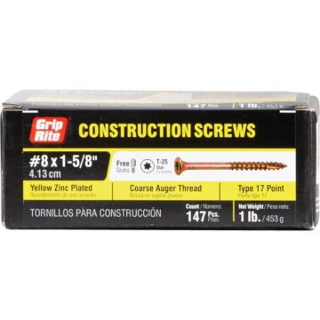 Grip-Rite #8 x 1-5/8" T-25 Star Drive, Construction Screw, Yellow Zinc (Bulk Box  1 lb)