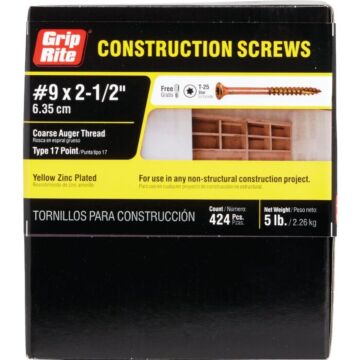 Grip-Rite #9 x 2-1/2" T-25 Star Drive, Construction Screw, Yellow Zinc (Bulk Box  5 lb)