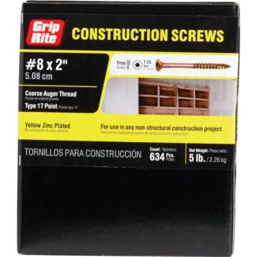 Grip-Rite #8 x 2" T-25 Star Drive, Construction Screw, Yellow Zinc (Bulk Box  5 lb)