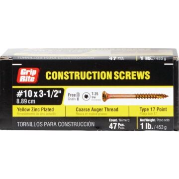 Grip-Rite #10 x 3-1/2" T-25 Star Drive, Construction Screw, Yellow Zinc (Bulk Box  1 lb)