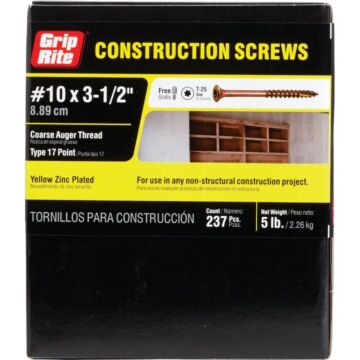 Grip-Rite #10 x 3-1/2" T-25 Star Drive, Construction Screw, Yellow Zinc (Bulk Box  5 lb)