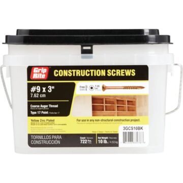 Grip-Rite T25 Construction Wood Screw (722 ct, 10 lb Box) #9 x 3 in.