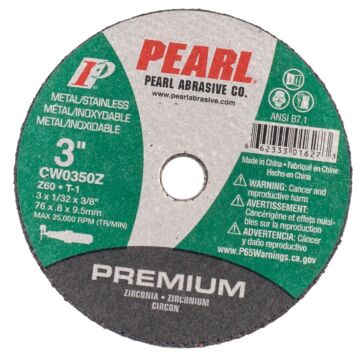 Pearl Abrasives 3 x 1/32 x 3/8 Zirconia Small Diameter Cut-Off Wheels, Z60