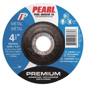 Pearl Abrasives Premium Aluminum Oxide Depressed Center Grinding Wheel 4-1/2 x 1/4 x 7/8 A24R T-27 DC4510