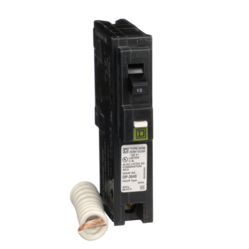 Square D Mini circuit breaker, Homeline, 15A, 1 pole, 120VAC, 10kA AIR, combo arc fault, pigtail neutral, plug in, UL [TAA]