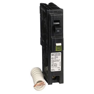 Square D Mini circuit breaker, Homeline, 15A, 1 pole, 120VAC, 10kA AIR, combo arc fault, pigtail neutral, plug in, UL [TAA]