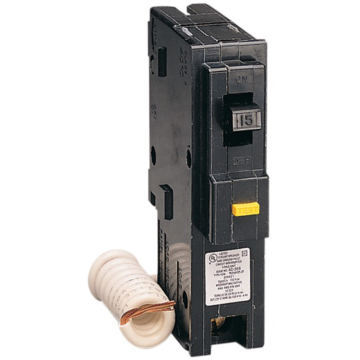 Square D Mini circuit breaker, Homeline, 15A, 1 pole, 120VAC, 10kA AIR, ground fault class A, plug in, UL [TAA]