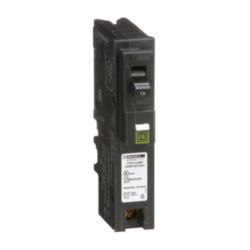 Square D Mini circuit breaker, Homeline, 15A, 1 pole, 120VAC, 10kA AIR, combo arc fault, plug on neutral, plug in, UL [TAA]