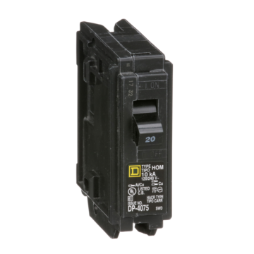 Square D Mini circuit breaker, Homeline, 20A, 1 pole, 120/240VAC, 10kA AIR, standard type, plug in, UL