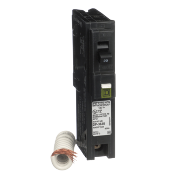 Square D Mini circuit breaker, Homeline, 20A, 1 pole, 120VAC, 10kA AIR, combo arc fault, pigtail neutral, plug in, UL [TAA]