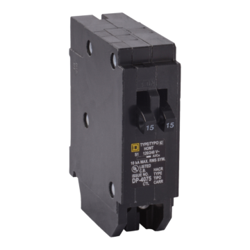 Square D Tandem circuit breaker, Homeline, 2 x 1 pole at 15A, 120/240VAC, 10kA AIR, plug in, UL