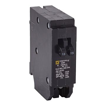 Square D Tandem circuit breaker, Homeline, 2 x 1 pole at 15A, 120/240VAC, 10kA AIR, plug in, UL