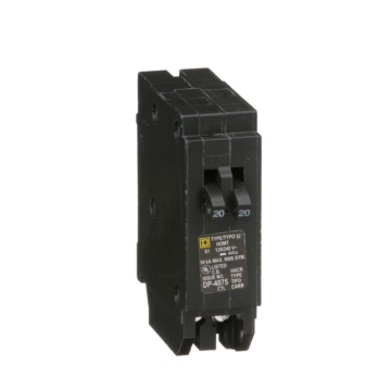 Square D Tandem circuit breaker, Homeline, 2 x 1 pole at 20A, 120/240VAC, 10kA AIR, plug in, UL