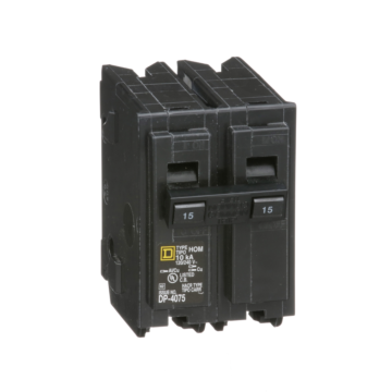 Square D Mini circuit breaker, Homeline, 15A, 2 pole, 120/240VAC, 10kA AIR, standard type, plug in, UL