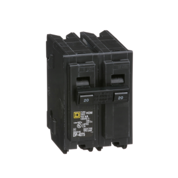 Square D Mini circuit breaker, Homeline, 20A, 2 pole, 120/240VAC, 10kA AIR, standard type, plug in, UL