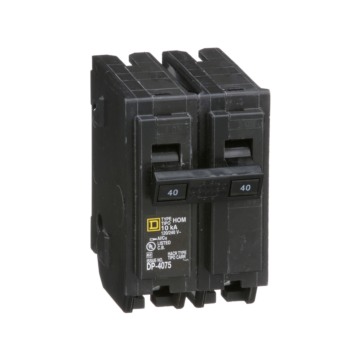 Square D Mini circuit breaker, Homeline, 40A, 2 pole, 120/240VAC, 10kA AIR, standard type, plug in, UL
