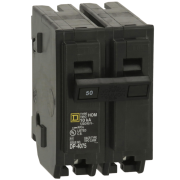 Square D Mini circuit breaker, Homeline, 50A, 2 pole, 120/240VAC, 10kA AIR, standard type, plug in, UL