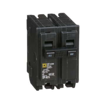 Square D Mini circuit breaker, Homeline, 60A, 2 pole, 120/240VAC, 10kA AIR, standard type, plug in, UL