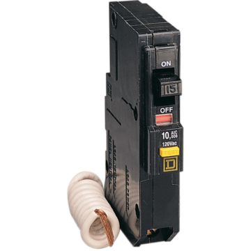 Square D Mini circuit breaker, QO, 15A, 1 pole, 120VAC, 10kA, plug in, 6mA grd fault A, pigtail, consumer pack [TAA]