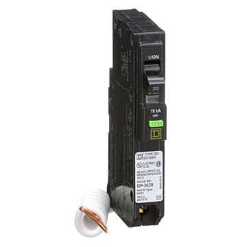 Square D Mini circuit breaker, QO, 20A, 1 pole, 120VAC, 10kA, plug in, combo ARC fault, pigtail, clam [TAA]