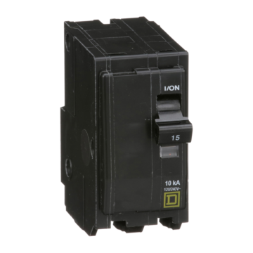 Square D Mini circuit breaker, QO, 15A, 2 pole, 120/240VAC, 10kA, plug in, consumer pack