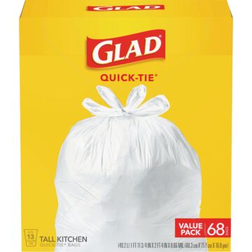 Glad Quick-Tie Tall Kitchen Trash Bags (White - 68pk) 13 gal