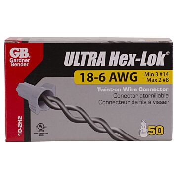 Gardner Bender Hex-Lok ULTRA, Hex Head Multi-Range Winged Twist-On Wire Connectors with Over-Torque Protection, Gray, #14-#6 AWG; 50/Crtn