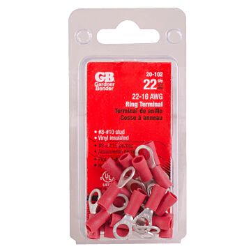 Gardner Bender #22-#18 AWG (0.8 mm²) Vinyl-Insulated Ring Terminals (8 to 10 Stud)